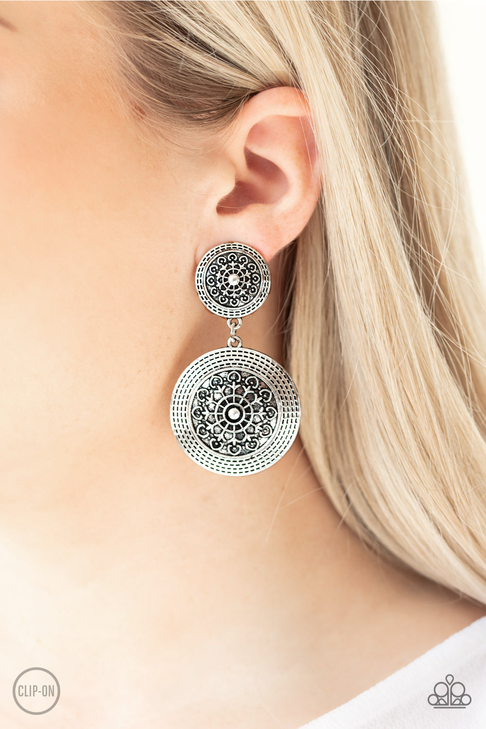 Paparazzi Magnificent Medallions - Silver Clip On Earring - Bauble and Bling Boutique 